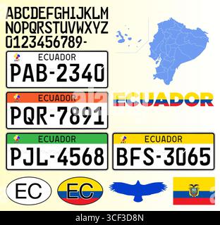 Ecuador car license plate patterns, letters, numbers and symbols, vector illustration, South America Stock Vector