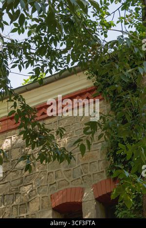 A stone wall features detailed brickwork decorations under a bright sky, surrounded by lush green leaves, creating a calm and inviting atmosphere in a Stock Photo