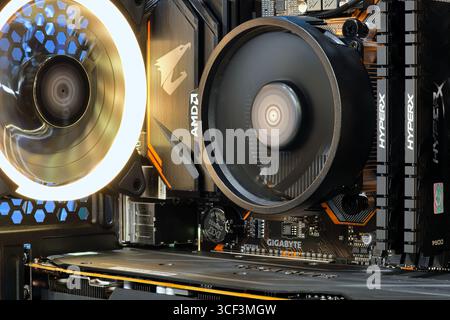 Bangkok-Thailand 25 JUL 2020: Close-up and inside high performance Desktop cooling system and RAM DDR4 on AMD RYZEN CPU socket on working Stock Photo