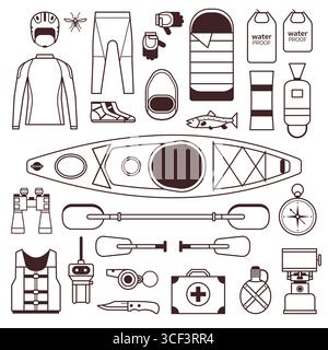 Rafting and Kayaking Elements Set in Line Art Stock Vector