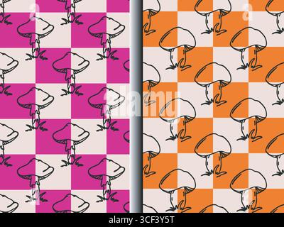 Checkerboard background repeat pattern set of 2. Hand drawn autumn mushroom symbol, black ink blob brush line doodle sketch style, Halloween holiday Stock Vector