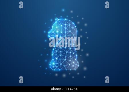 Digital glowing chess knight piece in polygonal low poly wireframe design with bright dots on dark futuristic background Stock Vector
