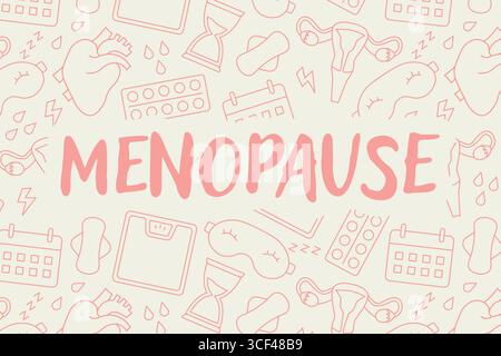 Menopause symptoms concept; woman health changes, female hormone balance, aging, hot flashes, mood swings, insomnia, emotional and physical changes- v Stock Vector