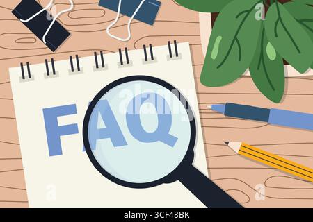 FAQ written in a spiral notebook with magnifying glass, symbolizing help, support, questions, answers, problem solving, customer assistance, and knowl Stock Vector