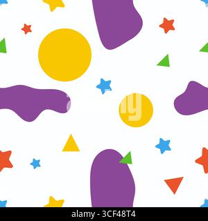 Seamless pattern with colorful geometric shapes and blobs. Yellow circles, blue stars, green triangles, orange stars, and purple spots on white background. vector illustrations, abstract. Stock Vector