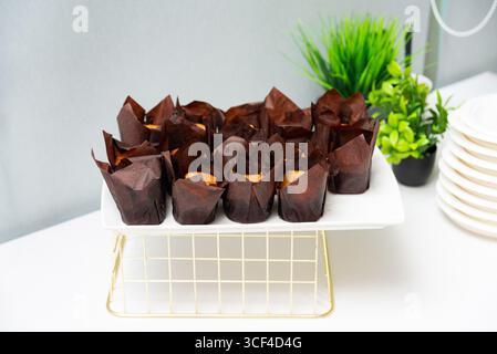 A fresh batch of chocolate muffins neatly arranged on a stylish white rack. the scene is enhanced with green plants and stacked white plates, perfect Stock Photo