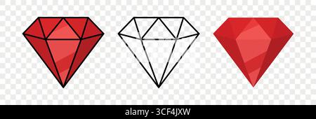 Shiny Red Gemstone Diamond Flat Icon Set with Faceted Gemstone Outline and Glossy Gemstone Crystal, Vector Illustration. Jewelry, Luxury Design, Logo Stock Vector