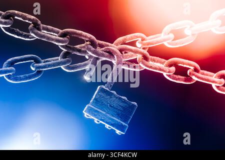 Red and blue police lights around a worn chain and open pad lock. Conceptual liberty, release, or freedom from incarceration. Stock Photo
