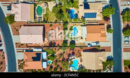 Aerial Residential Neighborhood With Pools and Solar Roofs Las Vegas Top Down Stock Photo