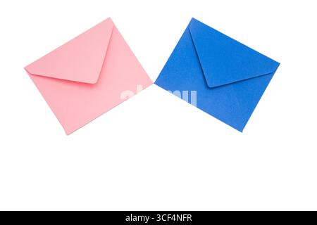 Top view of blue and pink envelopes lying diagonally on white isolated background Stock Photo
