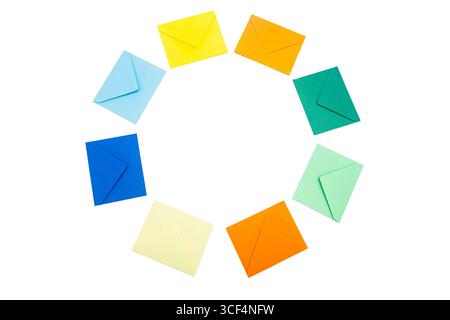 Top view of circle drawn from envelopes of various colors on white isolated background Stock Photo