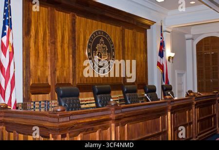 Five empty seats at the bar of the Hawaii Supreme Court Courtroom, Aliiolani Hale, Honolulu, Oahu, Hawaii, USA Stock Photo