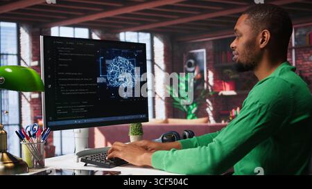 System administrator programming AI brain computerized model of neural network for machine learning, solving tasks on computer. Debugging software algorithm and checking for errors. Camera B. Stock Photo