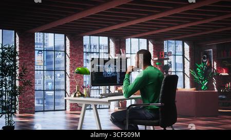 African american technician writes code on AI brain neural network for machine learning, doing maintenance and debugging the software systems. IT expert uses programming language. Camera B. Stock Photo