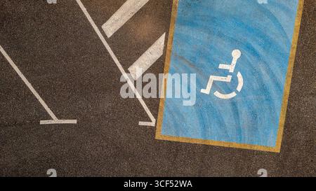 Aerial view of a marked disabled parking space on asphalt Stock Photo
