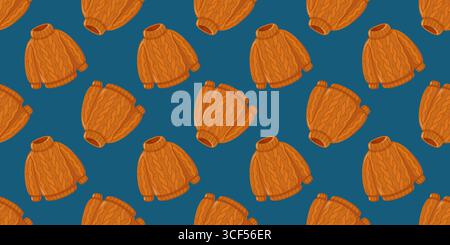 Seamless pattern with cozy orange knitted sweaters on dark blue background. Autumn cozy wear. Cartoon vector background.  Stock Vector