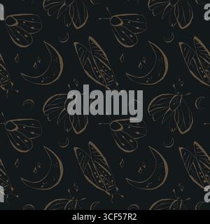 Mystical moths seamless pattern with moon stars in gold on black for home decor stationery fabric and wrapping paper Vector illustration Stock Vector