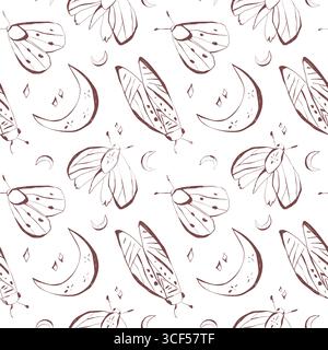 Burgundy and pink moths seamless pattern with minimal line art for stationery fabric wrapping paper and home decor Vector illustration Stock Vector
