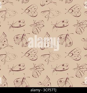 Hand drawn moths seamless pattern with minimal line art for stationery fabric wrapping paper and home decor Vector illustration Stock Vector