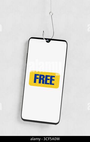Online Fraud Concept. Smartphone Hooked With Fishing Hook Displaying Free Offer Symbol On White Background. 3d Rendering Stock Photo