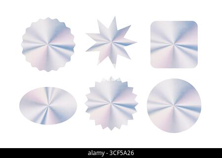 Product Labeling Concept. Set Of Holographic Metallic Gradient Labels In Various Shapes For Packaging And Branding On White Background. 3D Rendering Stock Photo