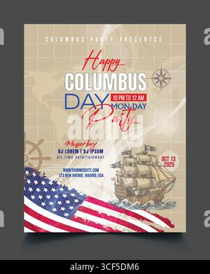 Happy Columbus Day Party Flyer Template Design, October 14th Poster Template With a Ship and US Flag Vector Illustration with Confetti. Stock Vector