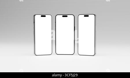 3D render illustration of three mobile phones for mock up. 3 Smartphone frames with blank screen isolated on white background. For mockup on light bac Stock Photo