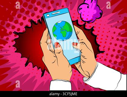 Cartoon Smartphone, comic book Telephone with planet Earth. Retro vector comics pop art design. Stock Vector