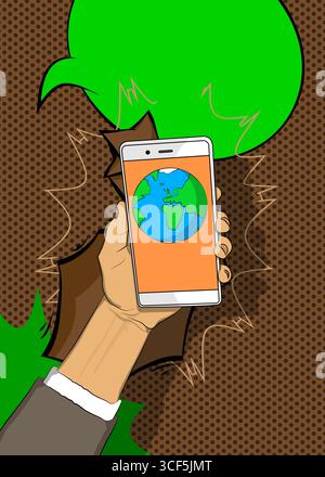 Cartoon Smartphone, comic book Telephone with planet Earth. Retro vector comics pop art design. Stock Vector