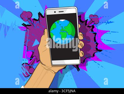 Cartoon Smartphone, comic book Telephone with planet Earth. Retro vector comics pop art design. Stock Vector