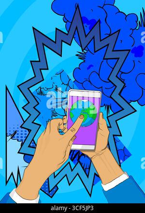 Cartoon Smartphone, comic book Telephone with planet Earth. Retro vector comics pop art design. Stock Vector