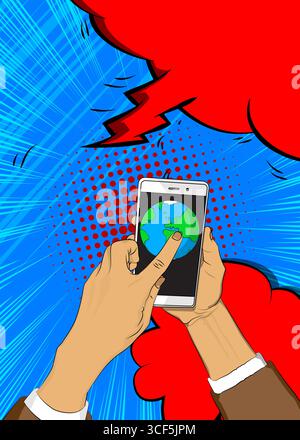 Cartoon Smartphone, comic book Telephone with planet Earth. Retro vector comics pop art design. Stock Vector