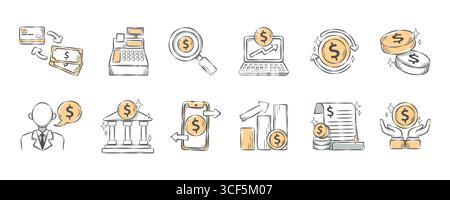 Financial and business . Hand drawn icon cartoon illustration collection . Set 3 of 3 . Vector . Stock Vector