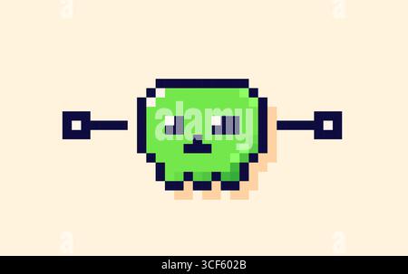 Pixel art green cute skull with kawaii face. Stock Vector