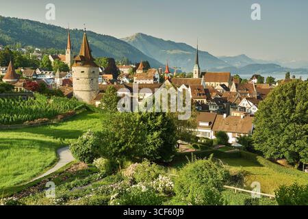 Europe, Switzerland, Zug, Huwilerturm, Liebfrauenkapelle, Guggi, Zyttur, ZG, Spring Stock Photo