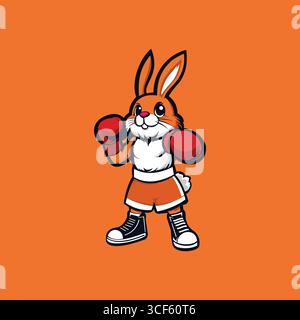 Cartoon Rabbit Boxer Vector in orange, black, white and black on orange background Stock Vector