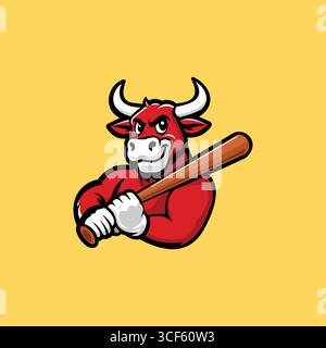 Cartoon Bull Baseball Vector in red, white, black, grey and brown on soft yellow background Stock Vector