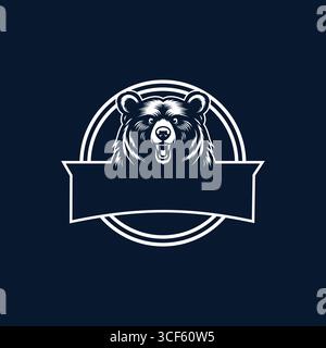 Vector Bear Head Emblem Logo in deep blue and white on blue background Stock Vector