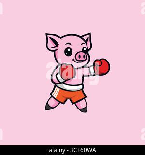 Cartoon Pig Boxer Vector in black, pink, white, red and orange on pink background Stock Vector