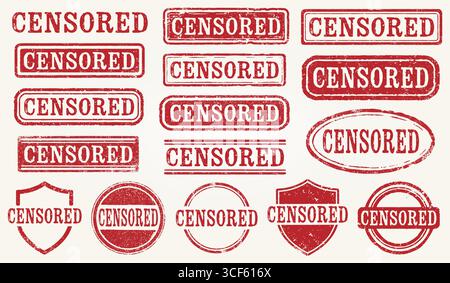 Censored Grunge Stamp Set. A Collection Of 16 Vintage Red Censored Vector Rubber Stamps With A Distressed Grunge Texture. Perfect For Documents, Repor Stock Vector