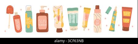 Set of Sunscreens, lotions with SPF. Sunscreen protection and sun safety. Stock Vector