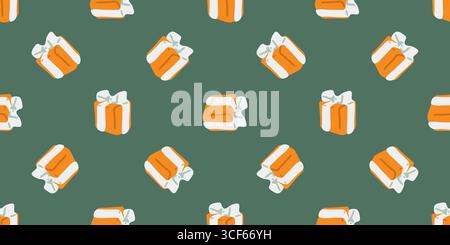 Seamless Orange Gift Box Pattern. Orange gift boxes with white bows in flat cartoon style. Seamless festive pattern on green background. Stock Vector
