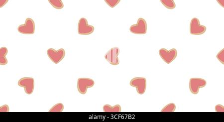 Seamless Heart Cookie Dessert Pattern. Heart shaped cookies with pink icing in flat cartoon style. Seamless sweet pattern on white background. Stock Vector