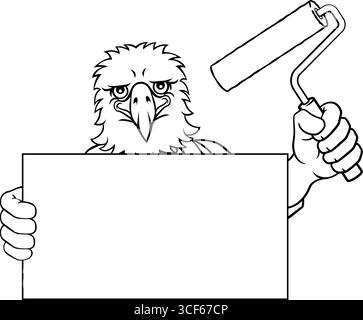 Eagle Painter Decorator Paint Roller Mascot Man Stock Vector