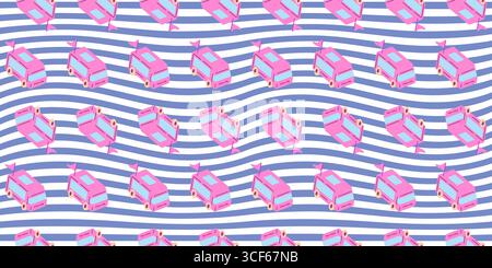 Seamless Pink Cartoon Bus Pattern. Playful pink buses with flags in cartoon flat style. Seamless transport pattern on blue wavy background. Stock Vector