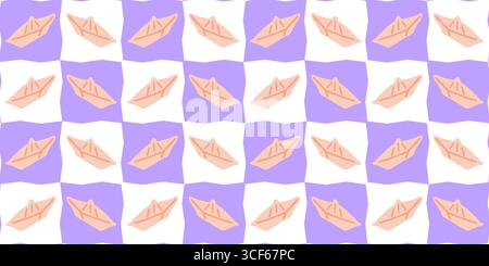 Seamless Origami Paper Boat Pattern. Playful origami paper boats in flat cartoon style. Seamless childhood summer pattern with wavy purple and white b Stock Vector