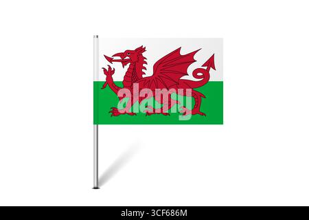 Wales flag - map pin flag representing a country cultural identity and heritage. The essence of national pride and unity. Map pin flag stuck in a white background Stock Vector