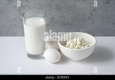 Set of dairy products with high protein on table Stock Photo