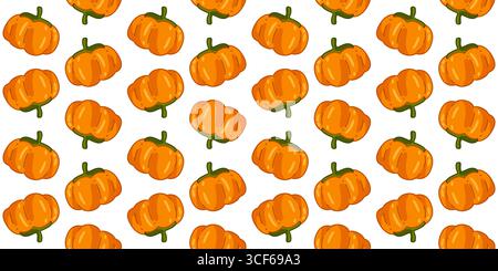 Orange pumpkins with green stems arranged in a seamless autumn harvest pattern in cartoon flat style on a white background. Stock Vector