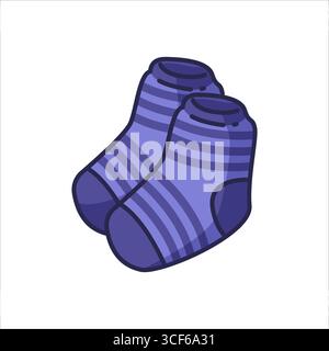 Cartoon Blue Striped Socks Illustration. Pair of blue striped socks in cartoon flat style. Cozy colorful illustration of clothing accessory on white b Stock Vector